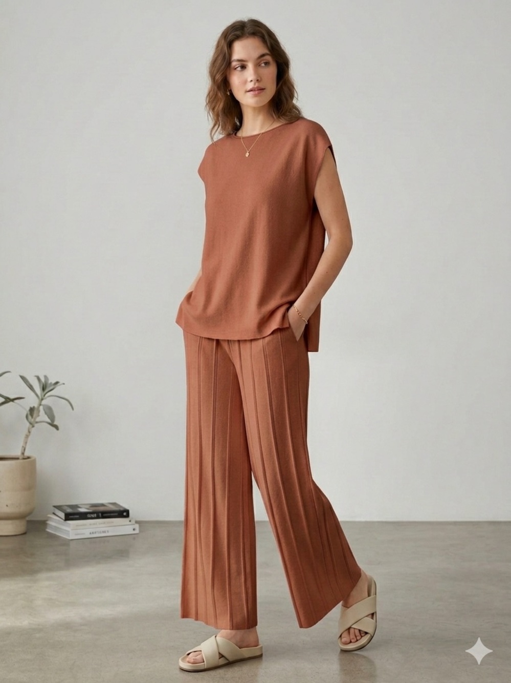 Women's Sleeveless Top andWide-Leg Knit Pants in Brown.